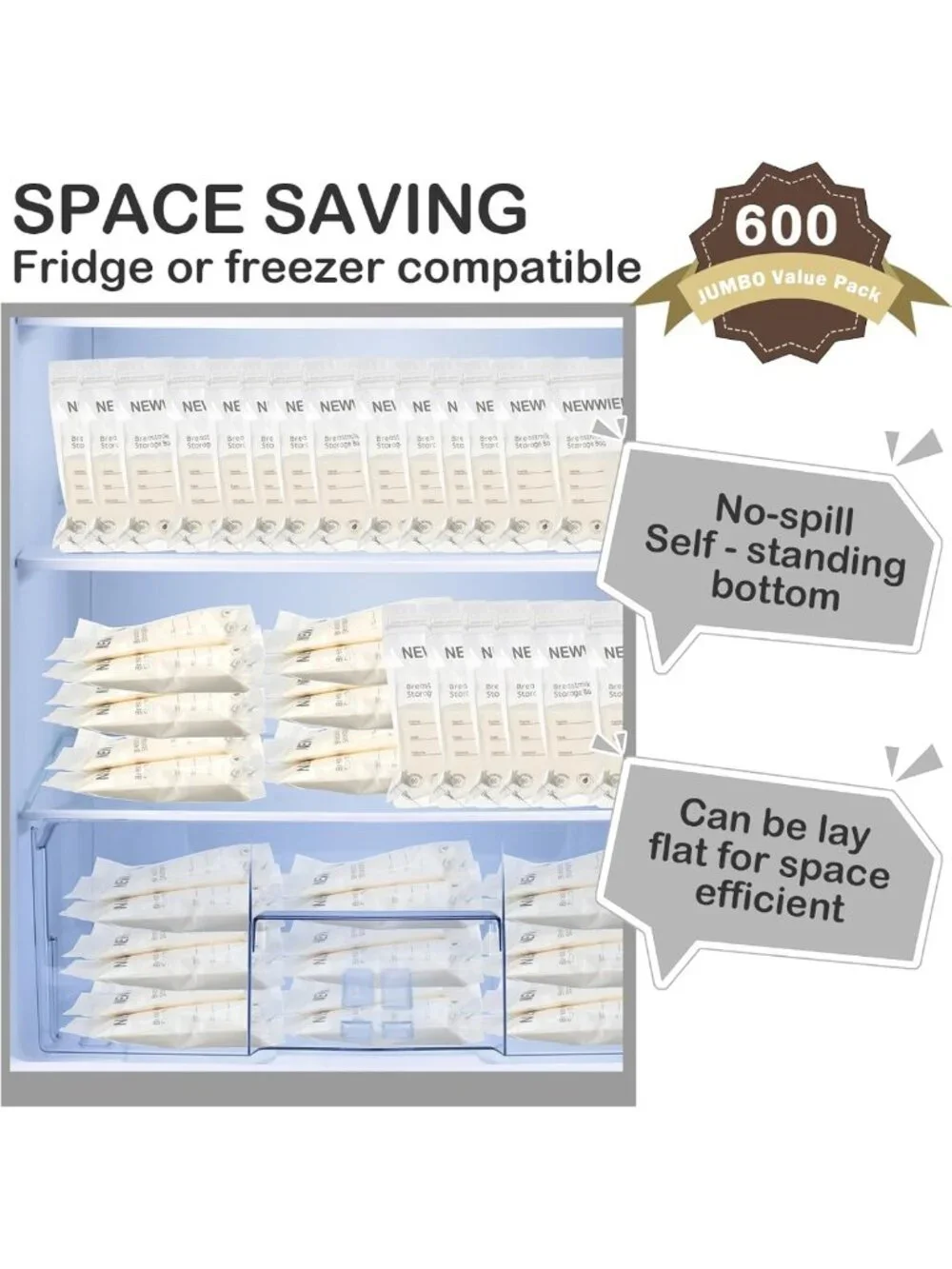 600 Count Breastmilk Storage Bags - 7oz Self-Standing, No Leak, Double Seal
